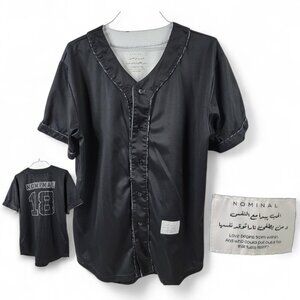 Nominal Arabic Script Baseball Jersey | Black Satin Button-Up | Size L